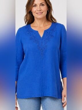 Tommy Bahama Linen Tunic Top Women XL Blue Embroidered 3/4 Sleeve